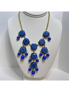 Boho Gold Tone And Blue Lucite Drape Bib Necklace With Rolo Chain (6359)